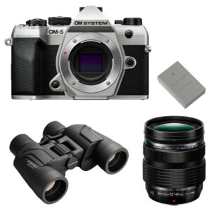 OM SYSTEM OM-5 Mark II Silver + 12-40 mm f/2,8 PRO II + Jumelles 8-16X40 S + 2e batterie BLS-50