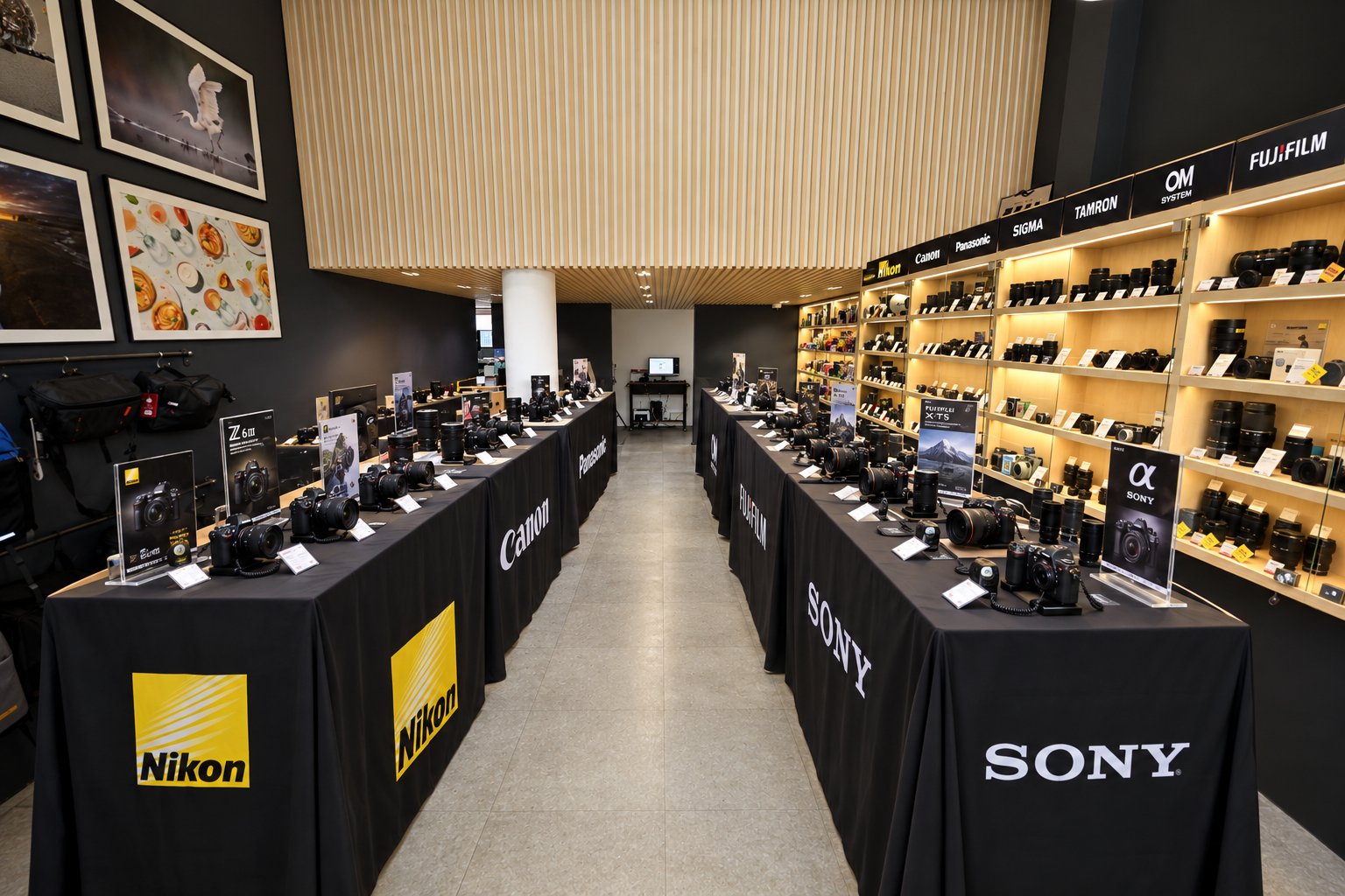 La boutique Photo An Oriant en configuration salon : tables Nikon, Canon, Sony, Fujifilm et Panasonic
